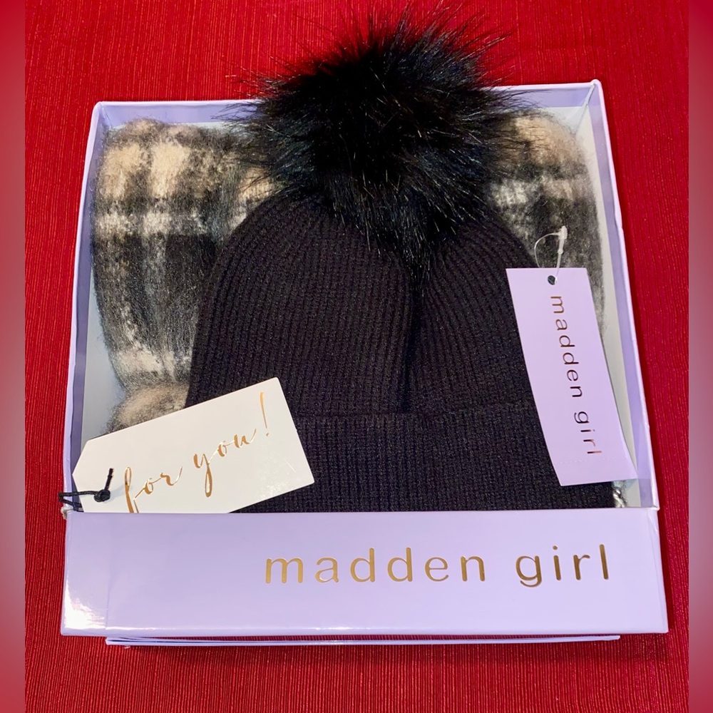 Madden Black Beanie with Plaid Scarf Boxed Gift Set